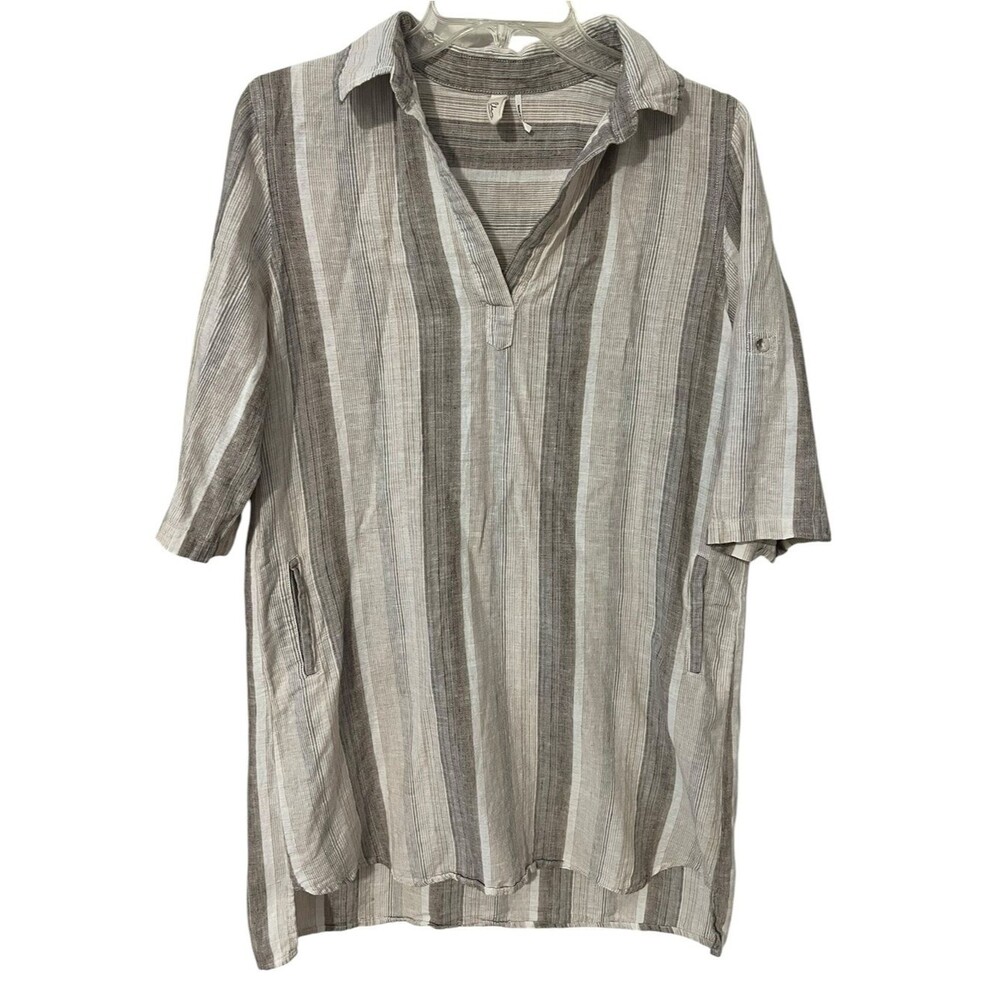 Elan Linen Blend Stripe Tunic Top Roll Tab Sleeve Pockets Boho Coastal Small